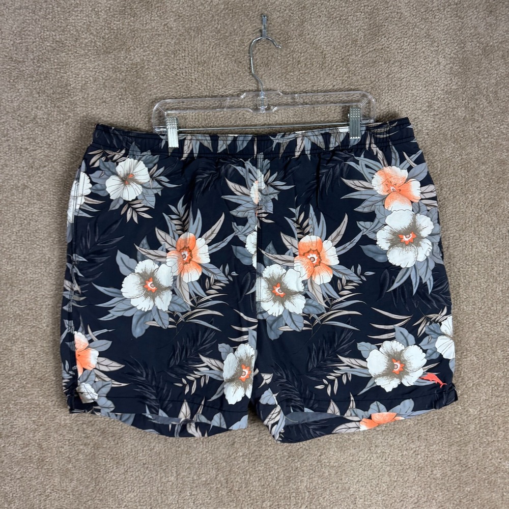 Tommy Bahama Trunk Shorts Mens XL Black Floral Relaxed Fit Mesh Lined Nylon Swim